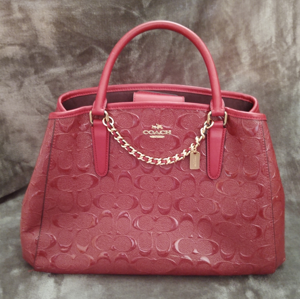 Coach #55451 Margot Red Signature Debossed Patent Leather Carryall Purse Handbag